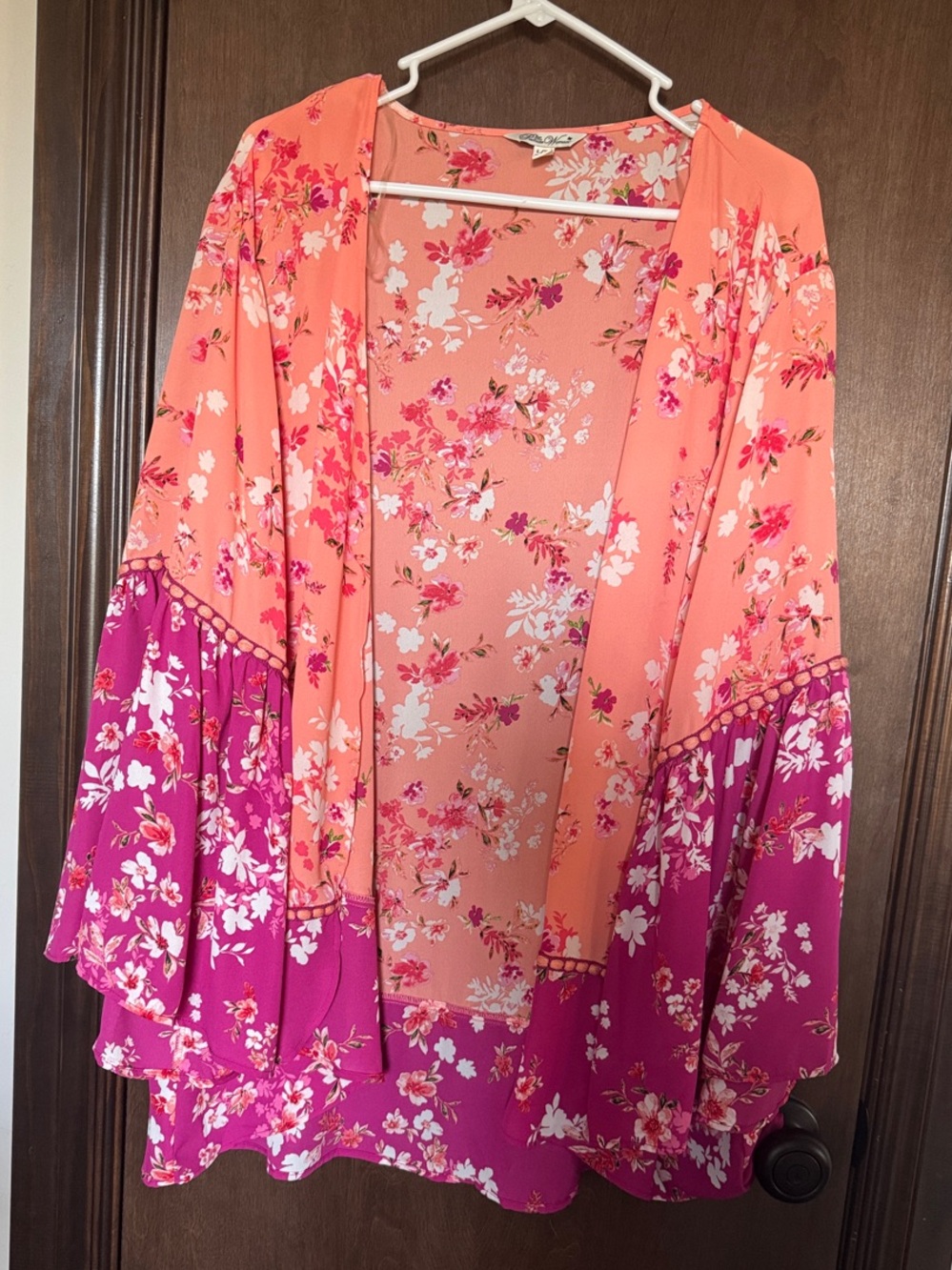 The Pioneer Woman Coral Floral Open Cardigan Kimono with Pink Accents L/XL